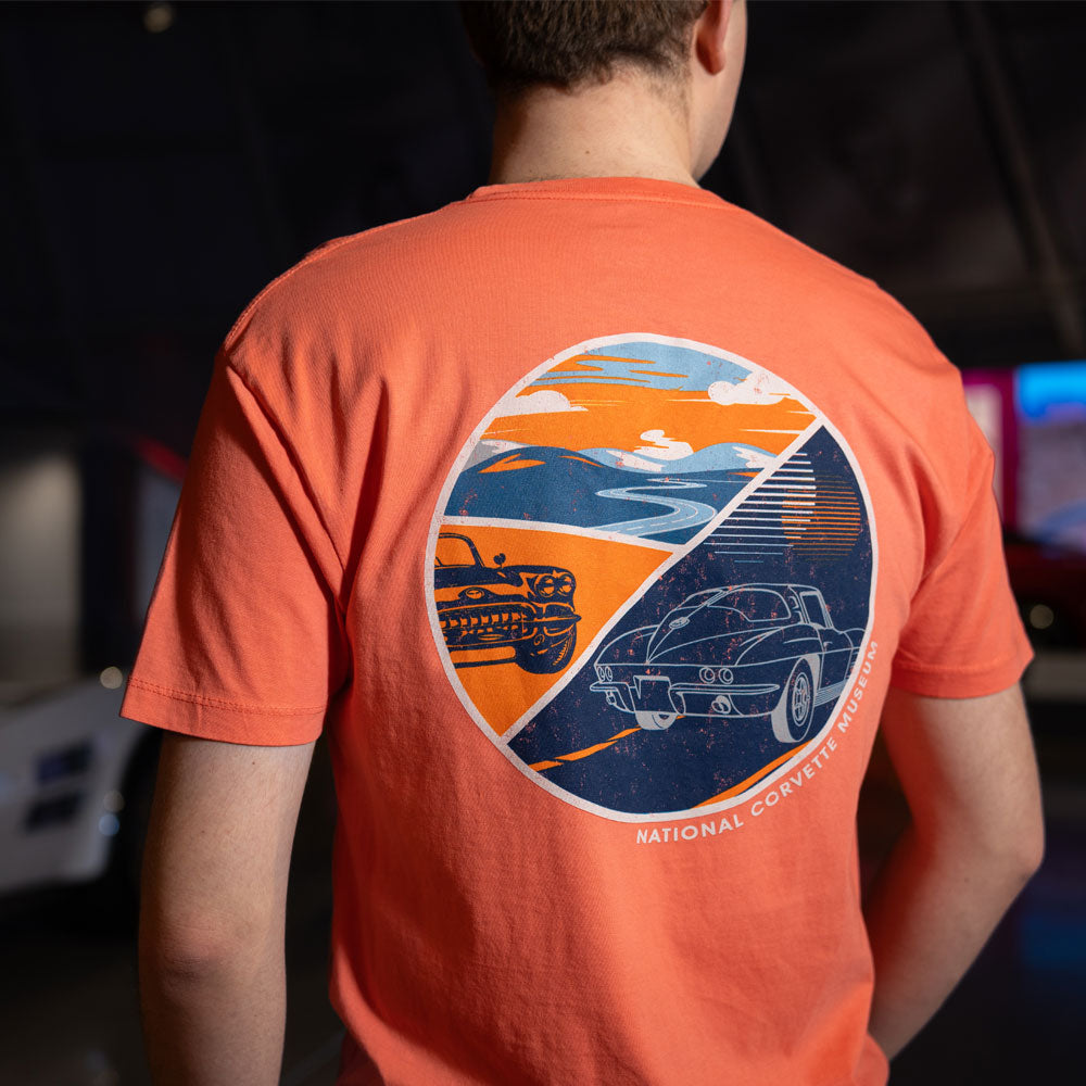 Man wearing the Corvette Retro Circle Coral T-shirt showing the design on the back