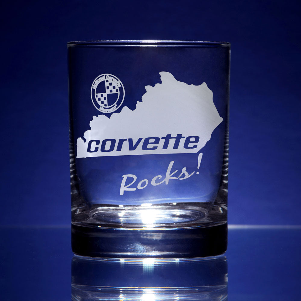 Corvette Rocks Glass sitting on a table
