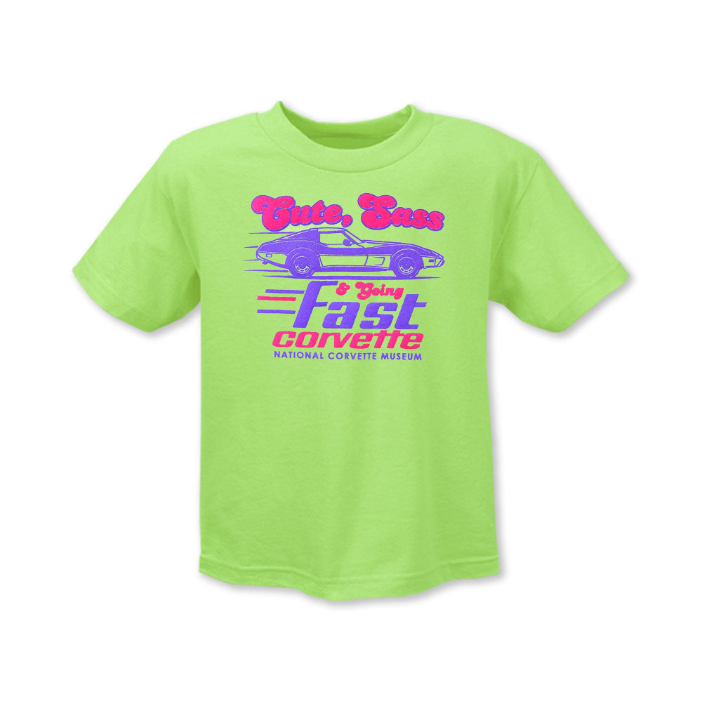 Lime green toddler tee with a C3 Corvette design in pink and purple shown on a white background.