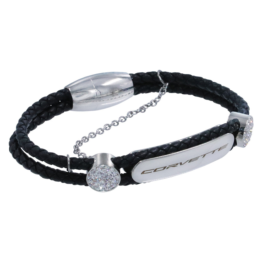 Black braided bracelet with silver accents and 'Corvette' logo on a white background