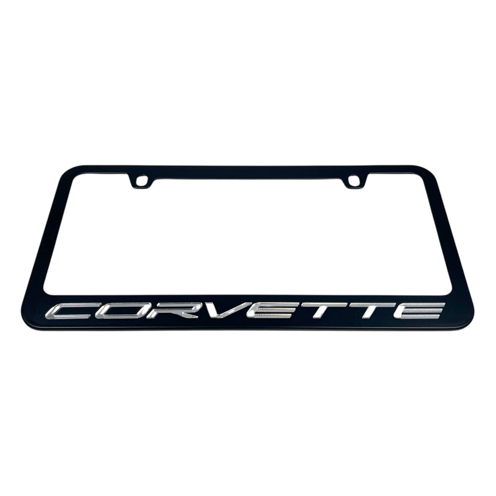 The Corvette Script Black License Plate Frame shown on a white background.