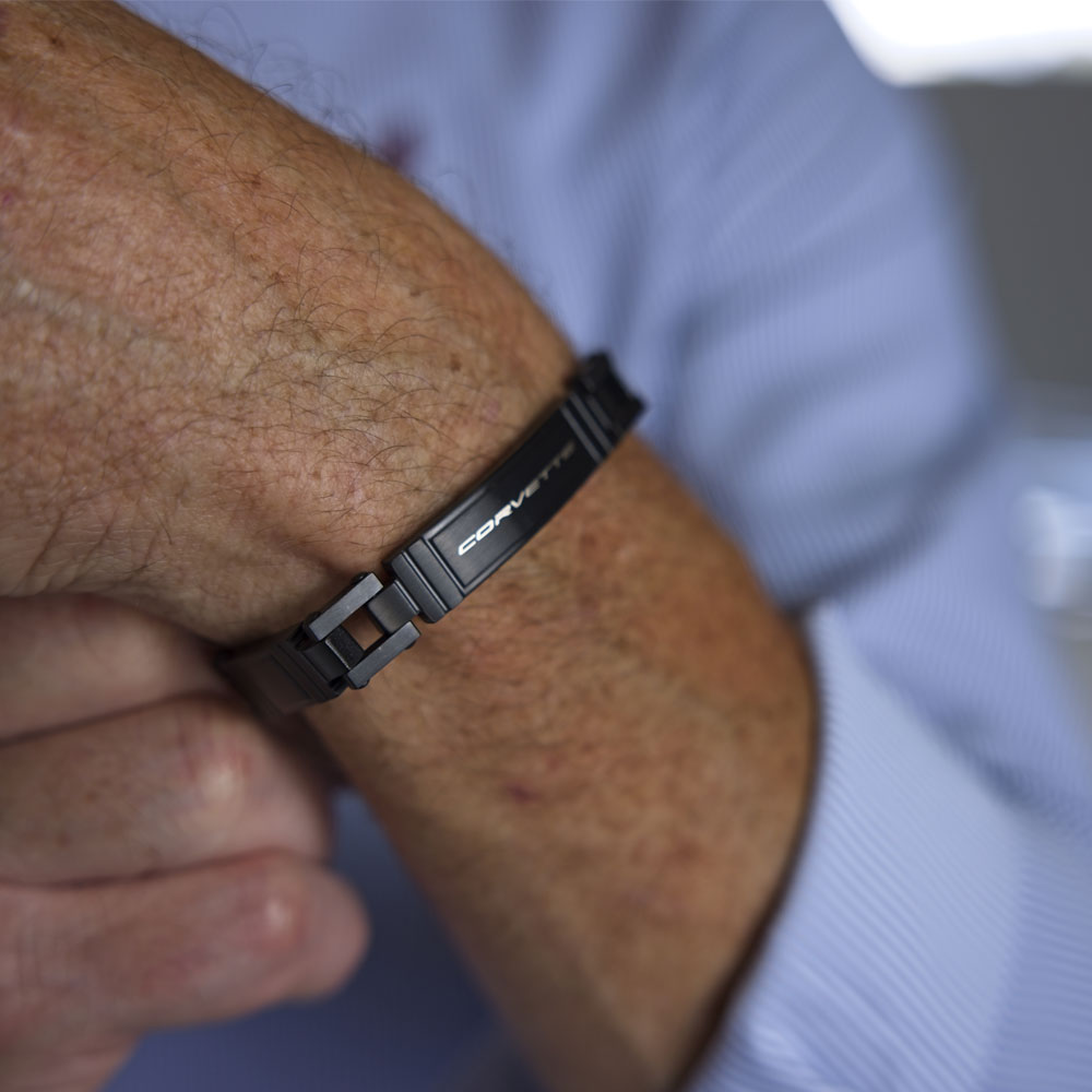 Man wearing the Corvette Script Black Stainless Steel Mens Bracelet