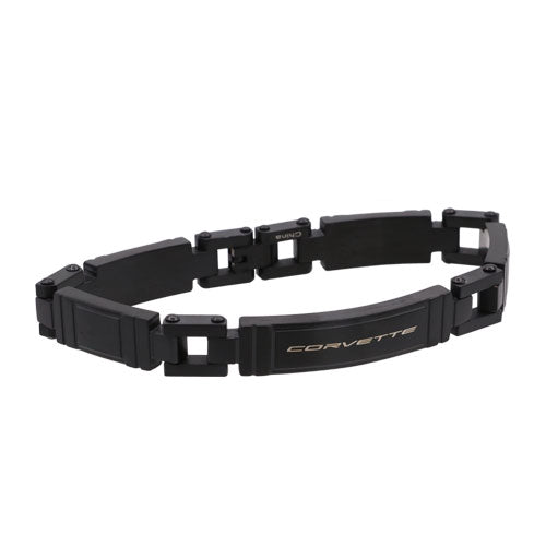 The Corvette Script Black Stainless Steel Men's Bracelet shown on a white background