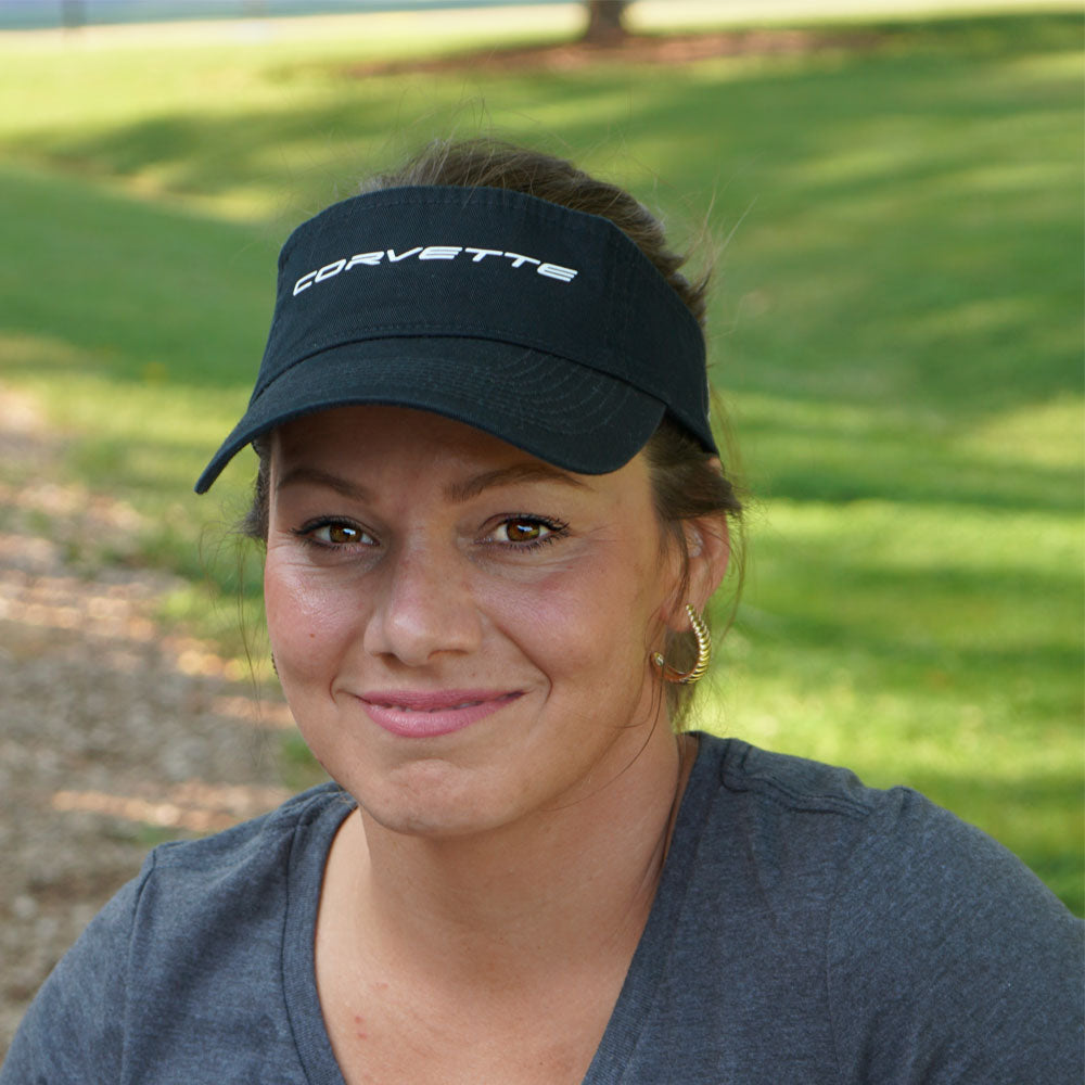 Woman wearing the Corvette Script High Brimmed Black Visor