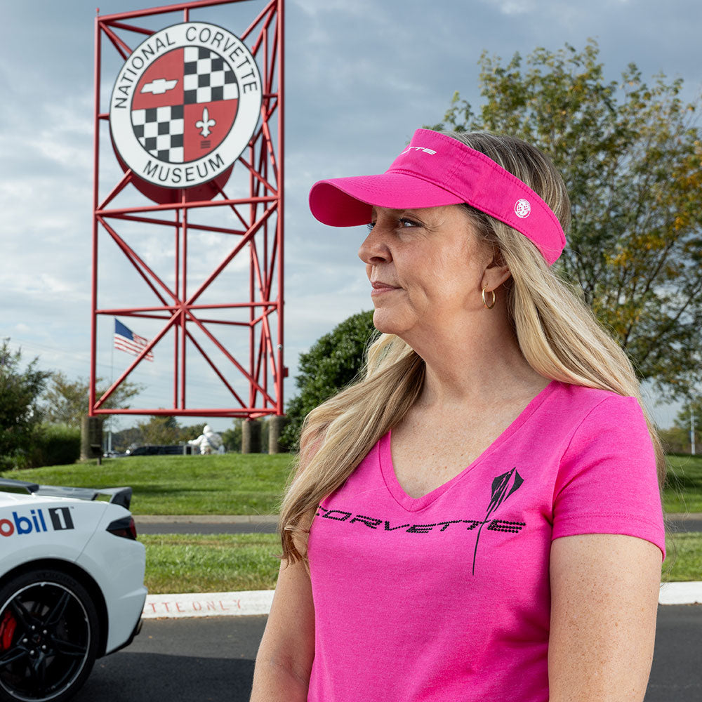 Woman wearing the Corvette Script High Brimmed Hot Pink Visor showing the side view