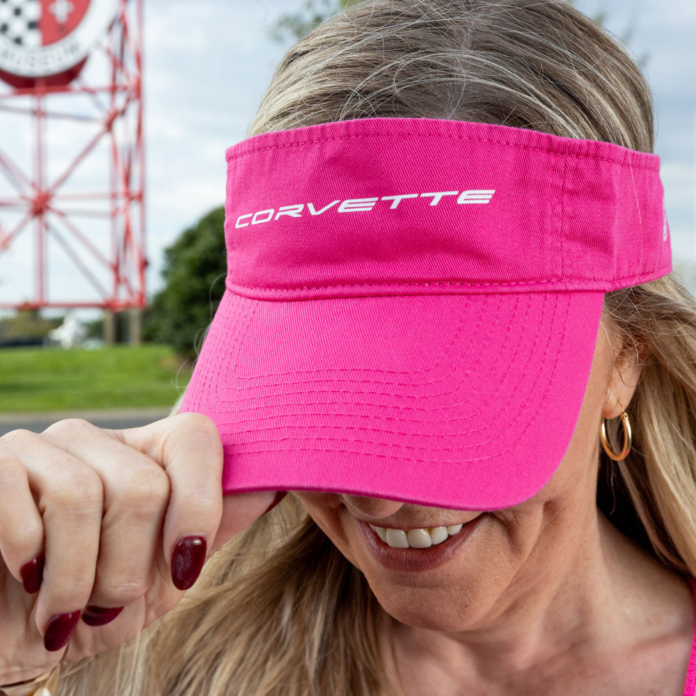 Woman wearing the Corvette Script High Brimmed Hot Pink Visor