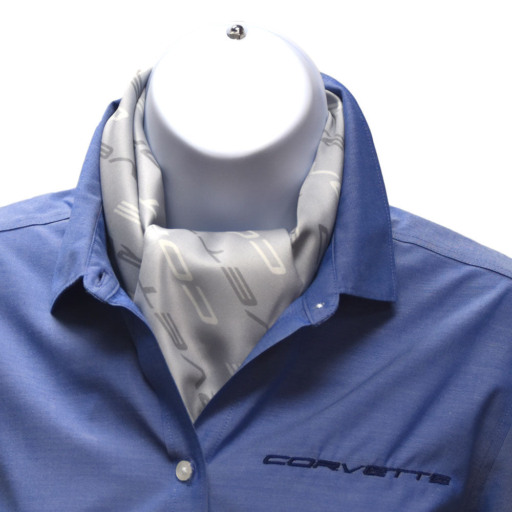 Corvette Script Light Gray Fashion Scarf tied ascot style on a mannequin