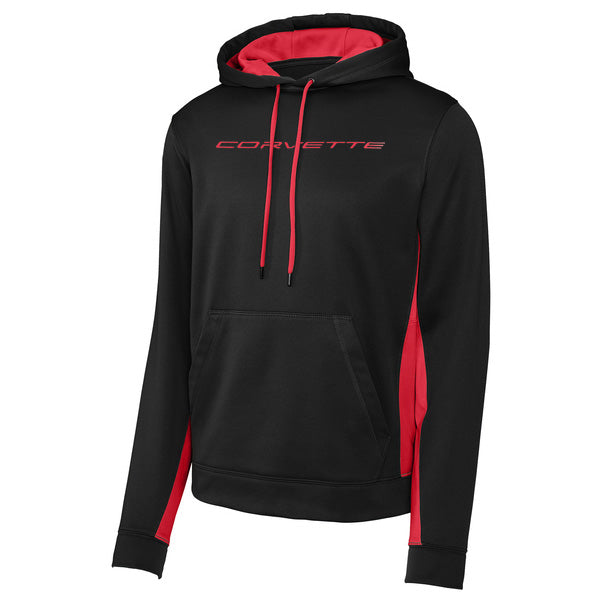 Black hoodie with red accents and 'Corvette' script shown on a white background