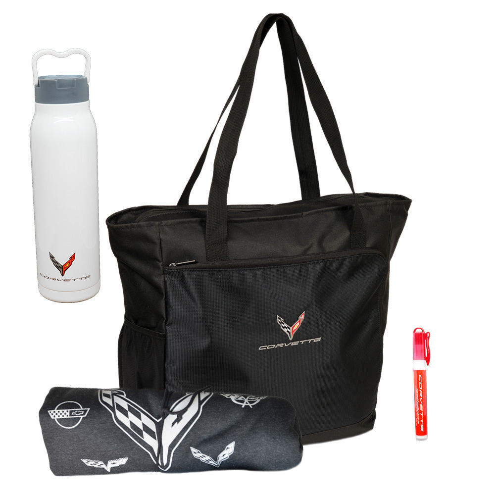 Corvette Summer Fun Accessories Bundle features a C8 Corvette black tote bag a white water bottle with the C8 Corvette emblem a sweatshirt blanket and a pocket size sunscreen spray