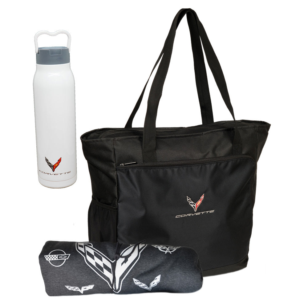 Corvette Summer Fun Accessories Bundle features a C8 Corvette black tote bag a white water bottle with the C8 Corvette emblem and a  sweatshirt blanket 