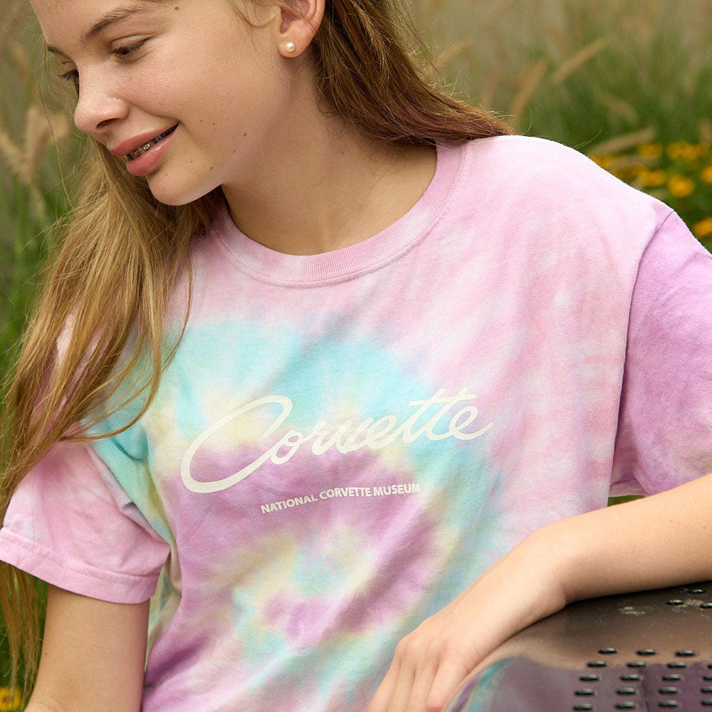 Girl wearing the Corvette Tie Dye Childrens T-shirt