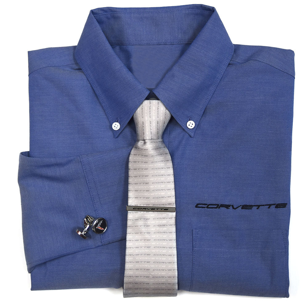 Tie bar and cufflinks set shown on a dress shirt with a Corvette necktie