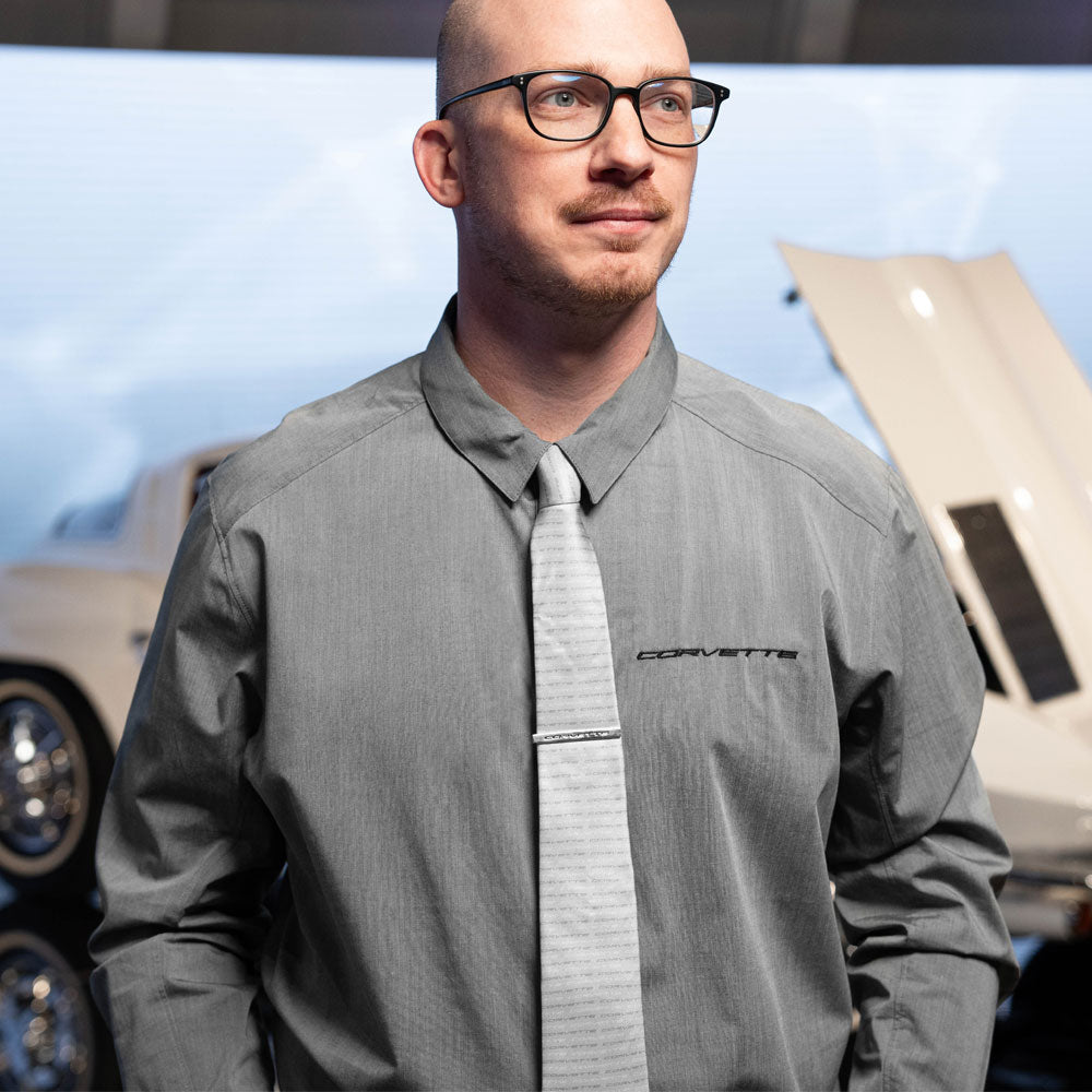 Man wearing the Corvette Tonal Light Gray Silk Tie