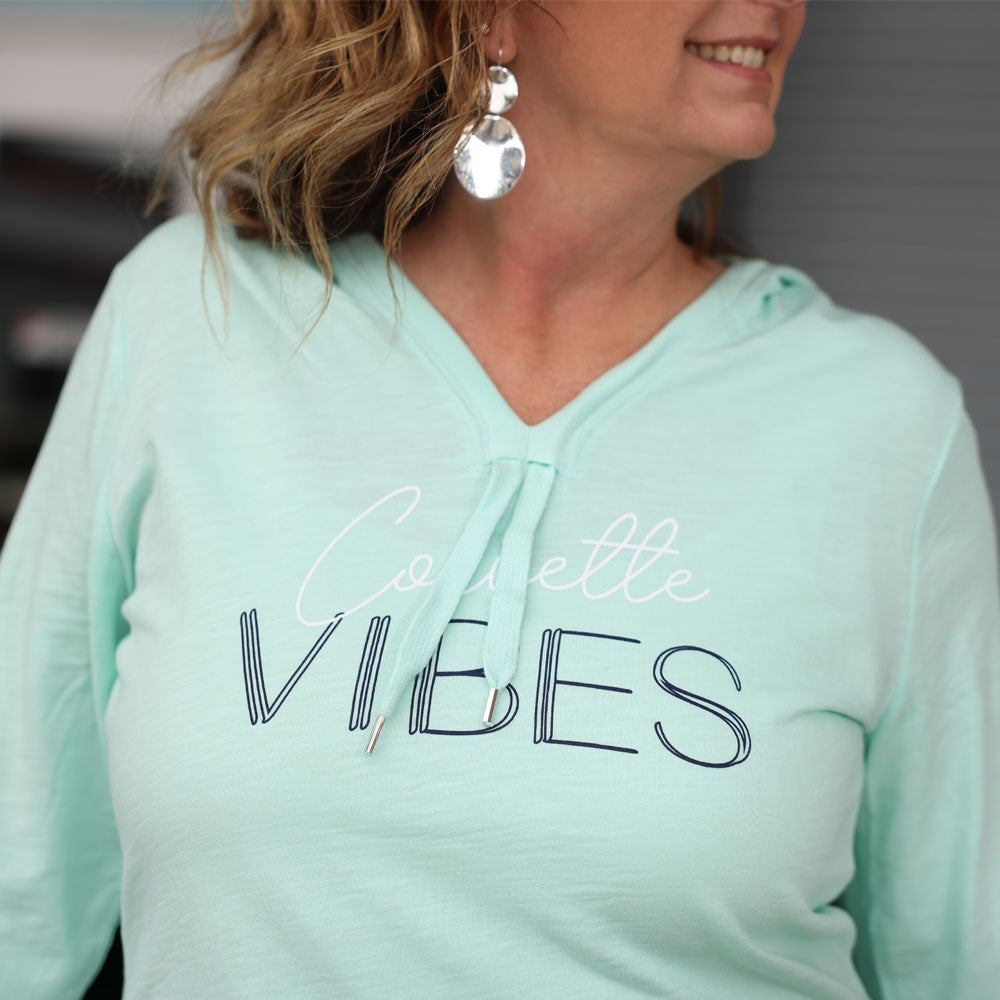 Woman wearing the Corvette Vibes Ladies Slub Hoodie