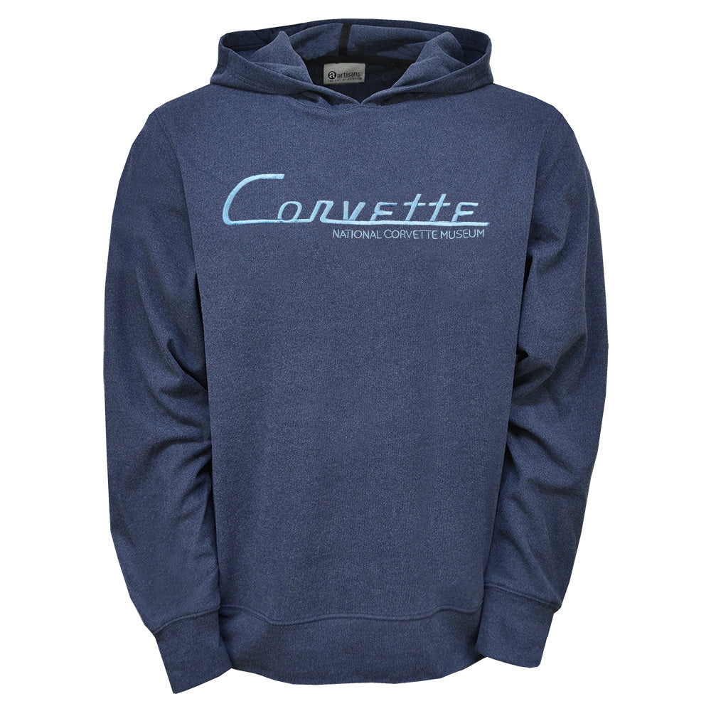 Navy Blue hoodie with Corvette Script on a white background
