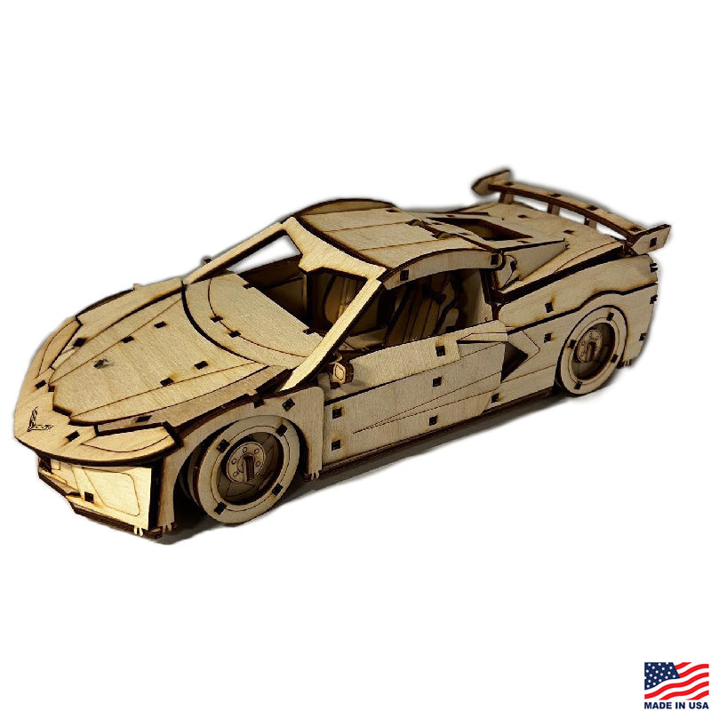 Wooden model C8 Corvette shown assembled on a white background