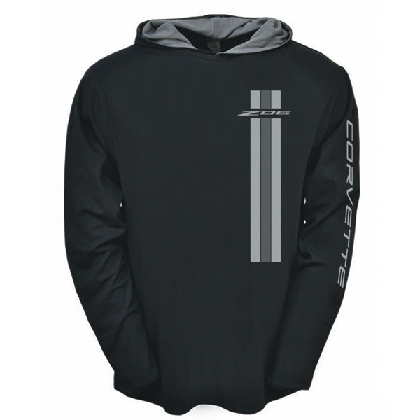 Black hoodie with gray hood and 'Corvette Z06' branding on a white background