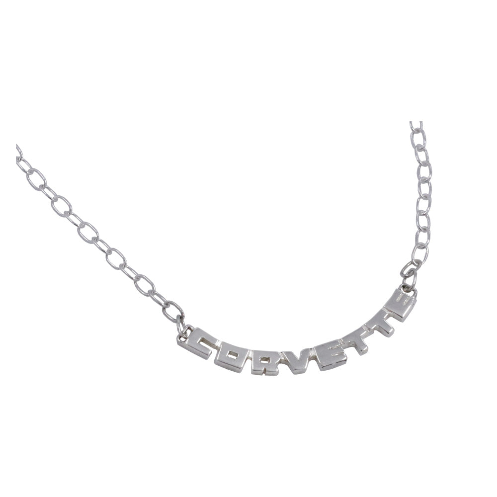 Image of the sterling silver Curved Corvette Script Necklace