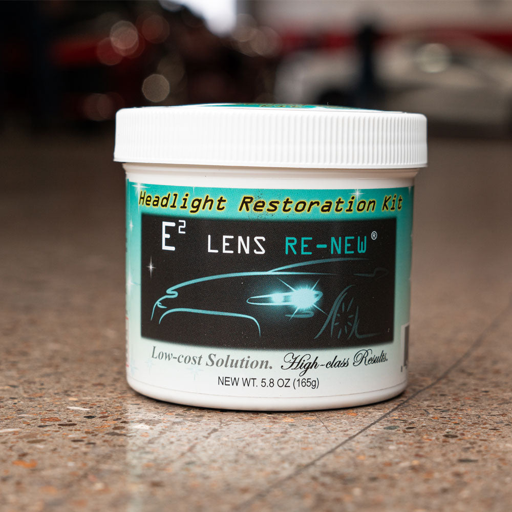 E2 Lens Re-New Headlight Restoration Kit shown in a garage