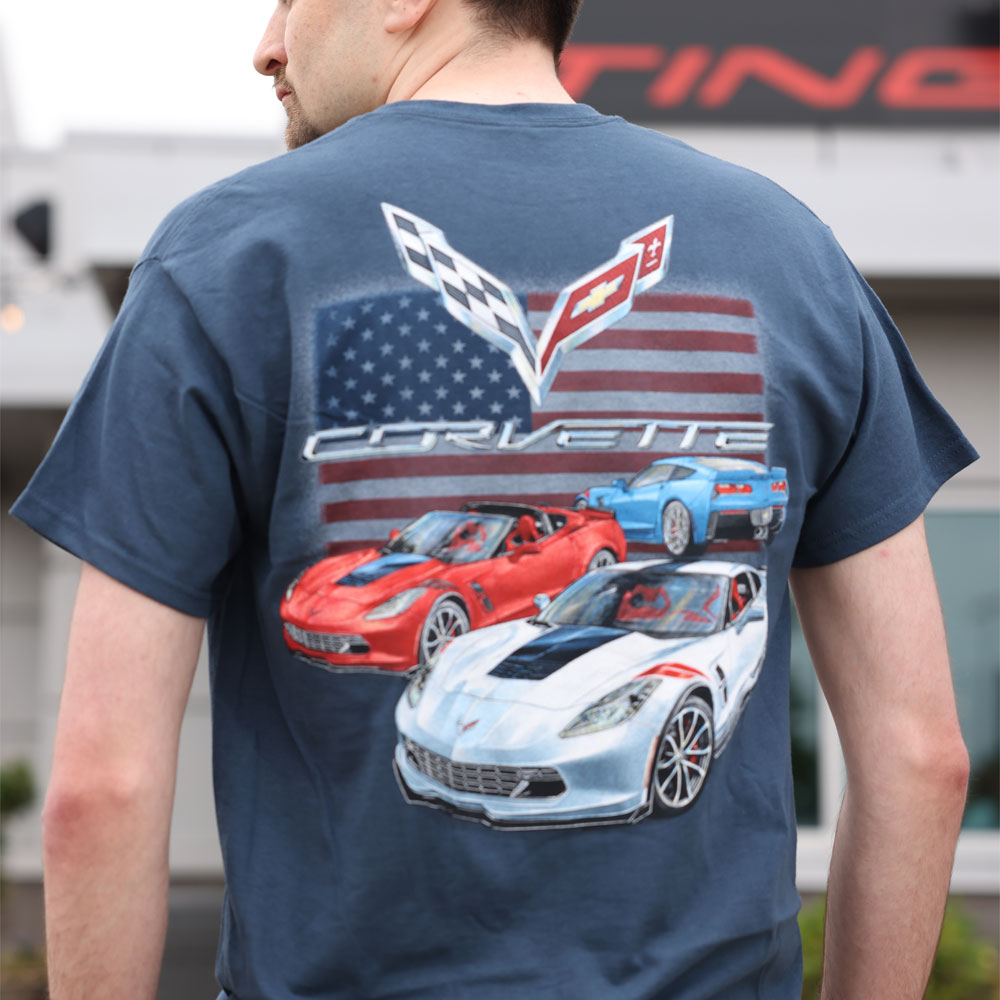 person wearing Grand Sport C7 American Flag T-shirt