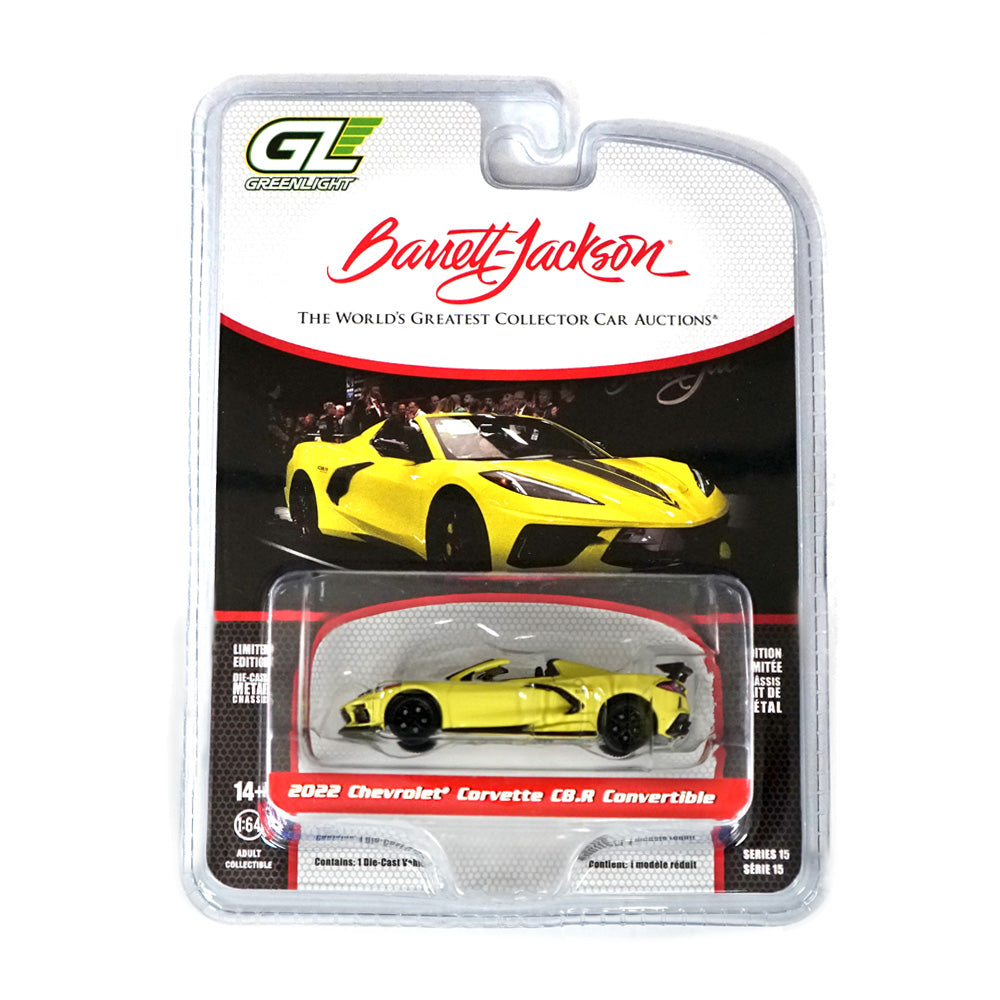Model car packaging featuring a yellow Chevrolet Corvette C8.R Convertible with Barrett-Jackson branding.