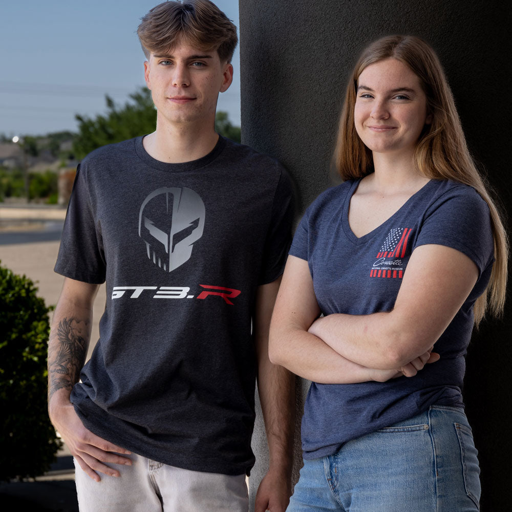 Man wearing the Jake GT3R T-shirt standing next to a lady in the Corvette flag top