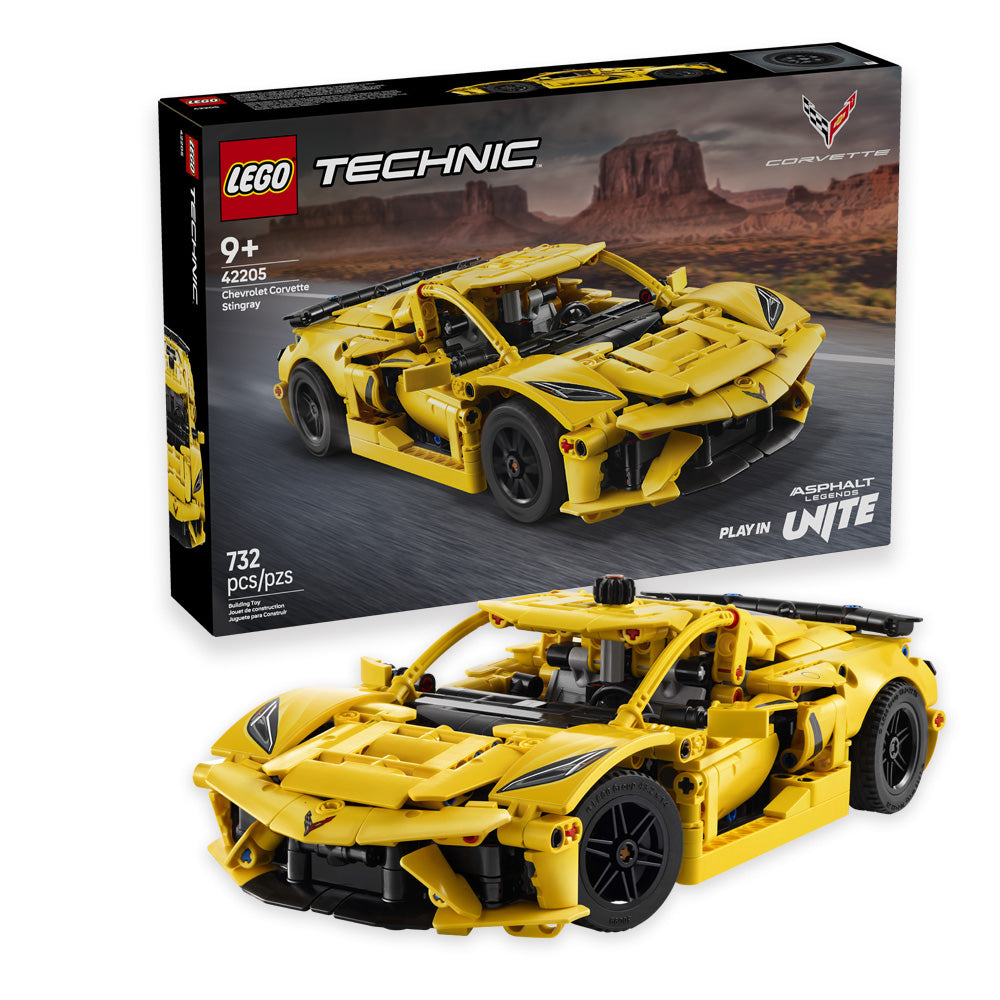 LEGO Technic Corvette Stingray C8 Toy Car Model Building Kit shown completed next to the box