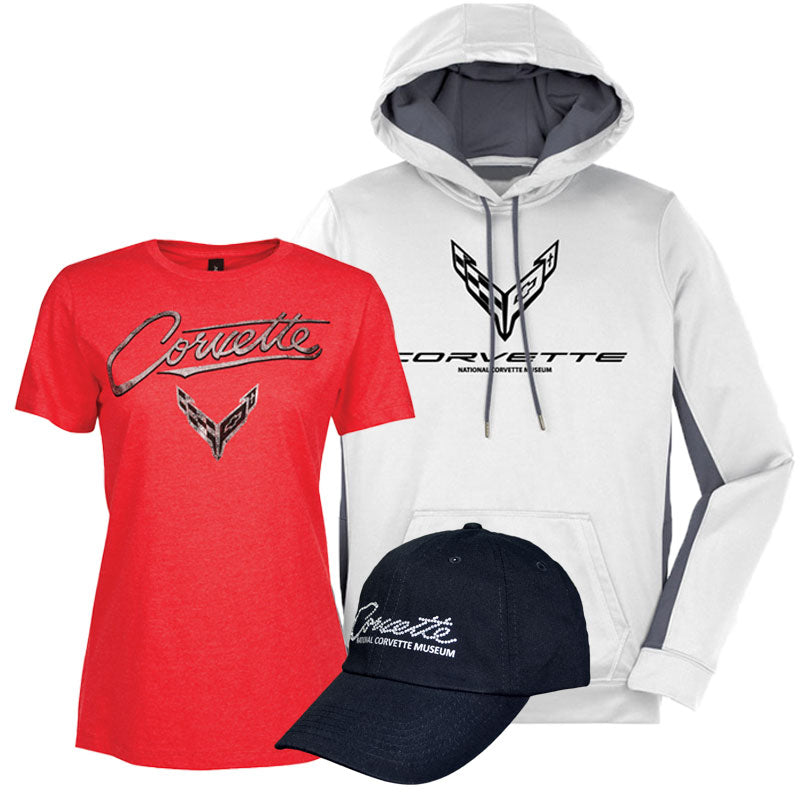 Ladies Gift Bundle includes a White C8 Corvette hoodie a red C8 Corvette Ladies top and a black Corvette cap