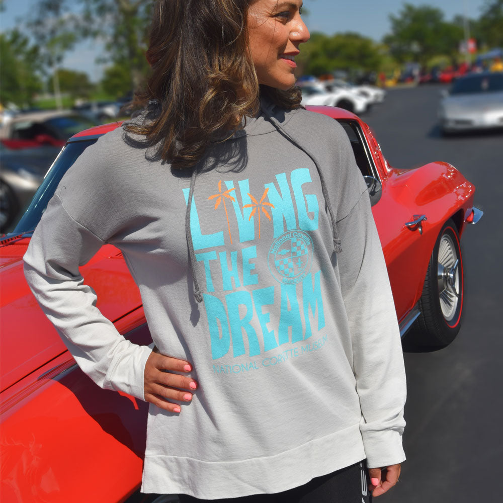 Person wearing the Living the Dream Ladies Tinsley Hooded Gray Pullover