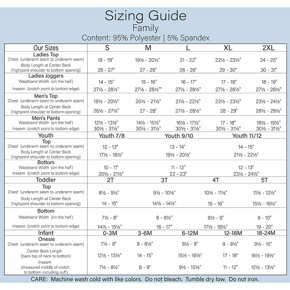 Size chart for Corvette loungewear