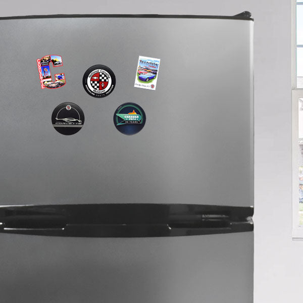 Variety of Corvette magnets shown on a refrigerator door