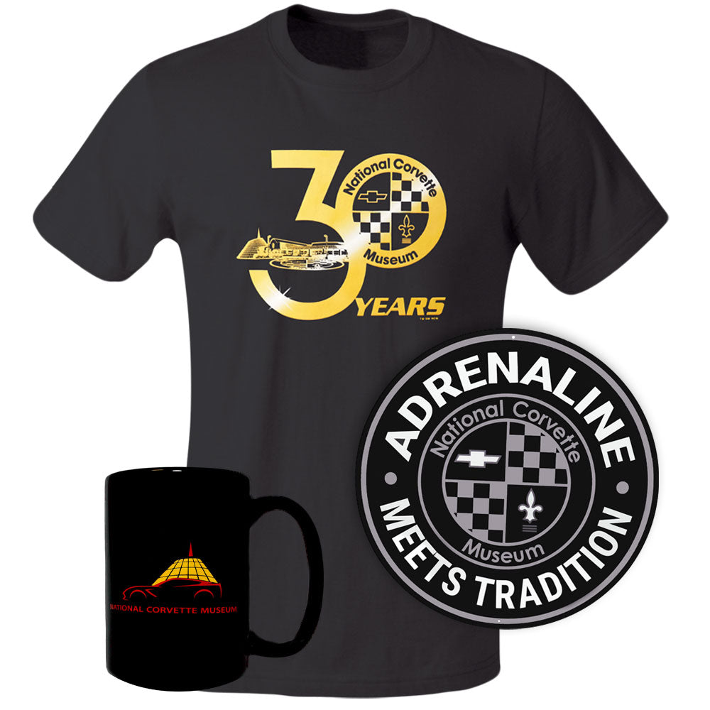 NCM 30th Anniversary Bundle shows a black National Corvette Museum tee a black Adrenaline Meets Tradition tin sign and a black mug showing the Skydome outline