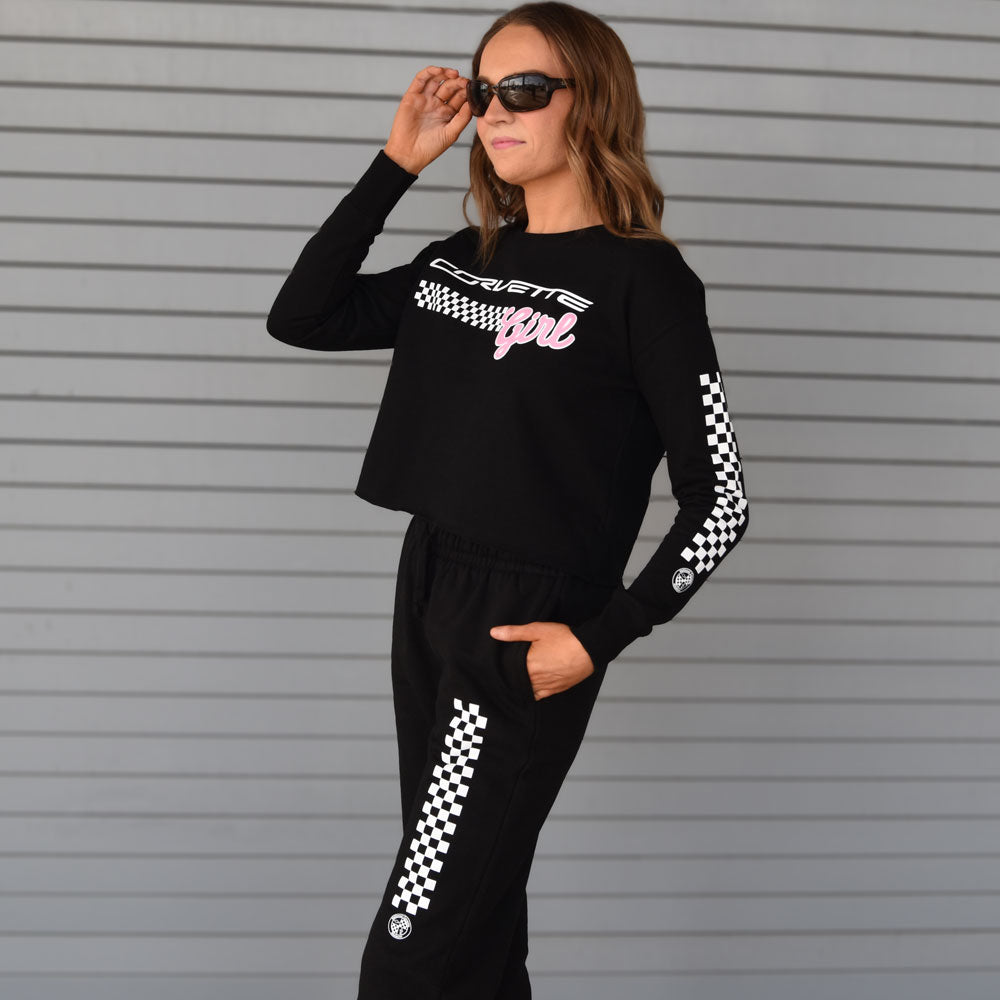 Woman wearing the NCM Checkered Flag Ladies Jogging Pants