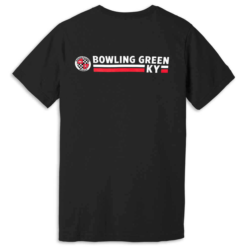 Black t-shirt with 'Bowling Green KY' text and a National Corvette Museum logo on a white background