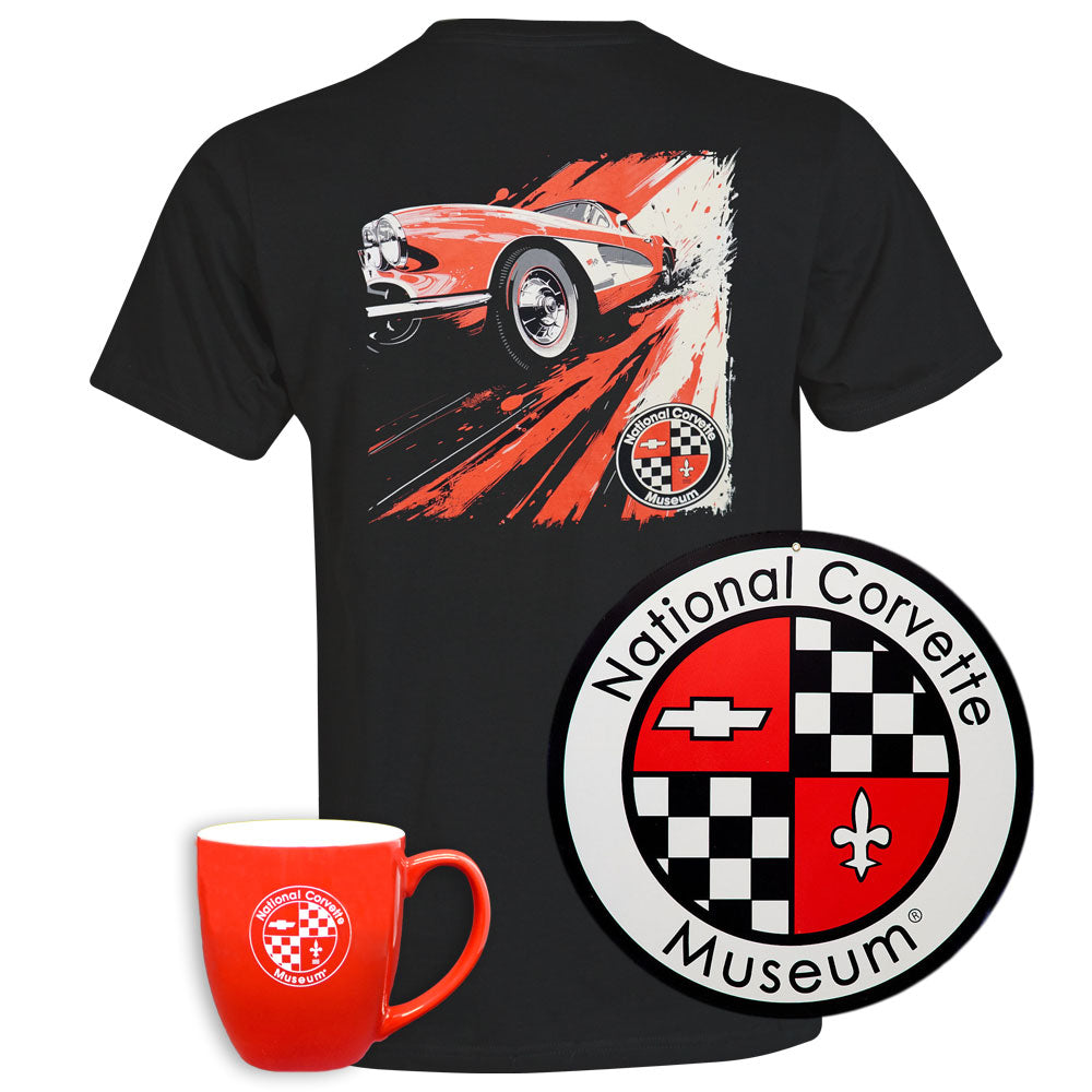 National Corvette Museum Gift Bundle featuring a black C1 Corvette tee a National Corvette Museum logo tin sign and a red National Corvette Museum mug