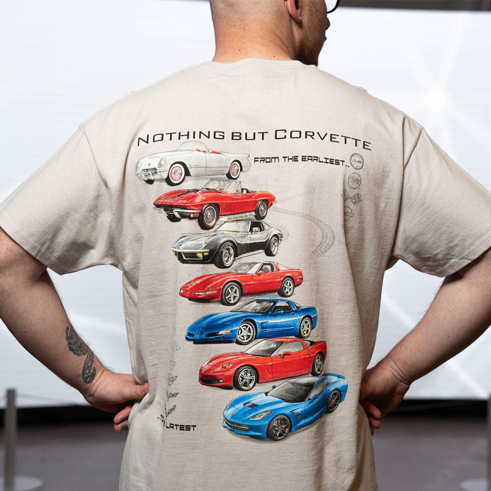 Man wearing the Nothing But Corvette T-shirt showing the design on the back