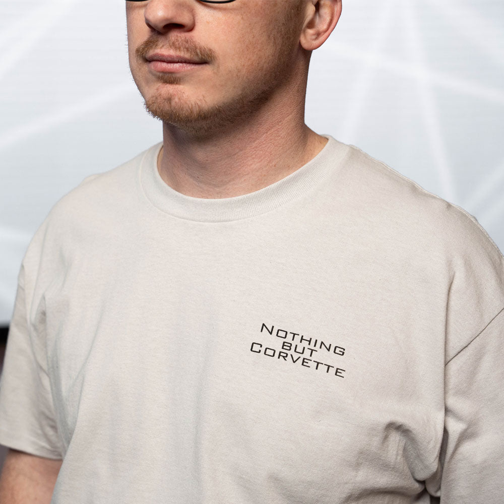 Man wearing the Nothing But Corvette T-shirt showing the front design