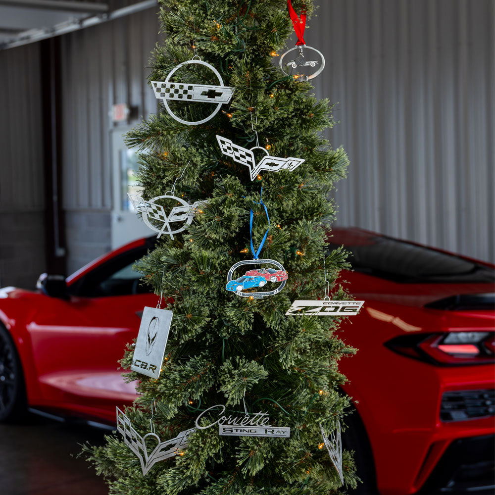 All the Corvette ornament shown together hanging on a tree