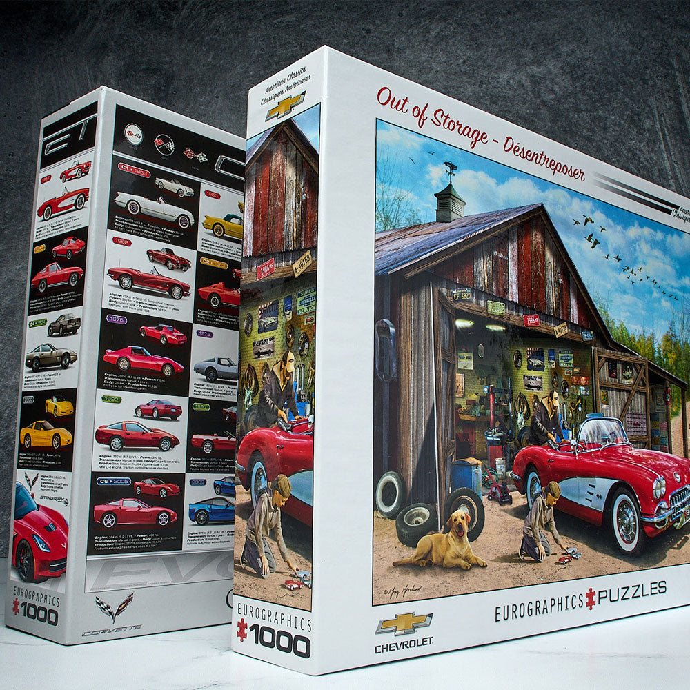 Corvette Evolution Jigsaw Puzzle sitting on a table