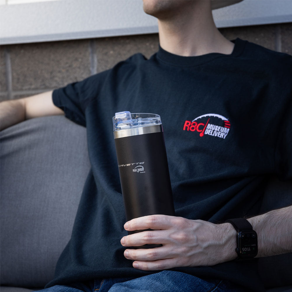 Man holding the R8C Delivery 16oz Tumbler 