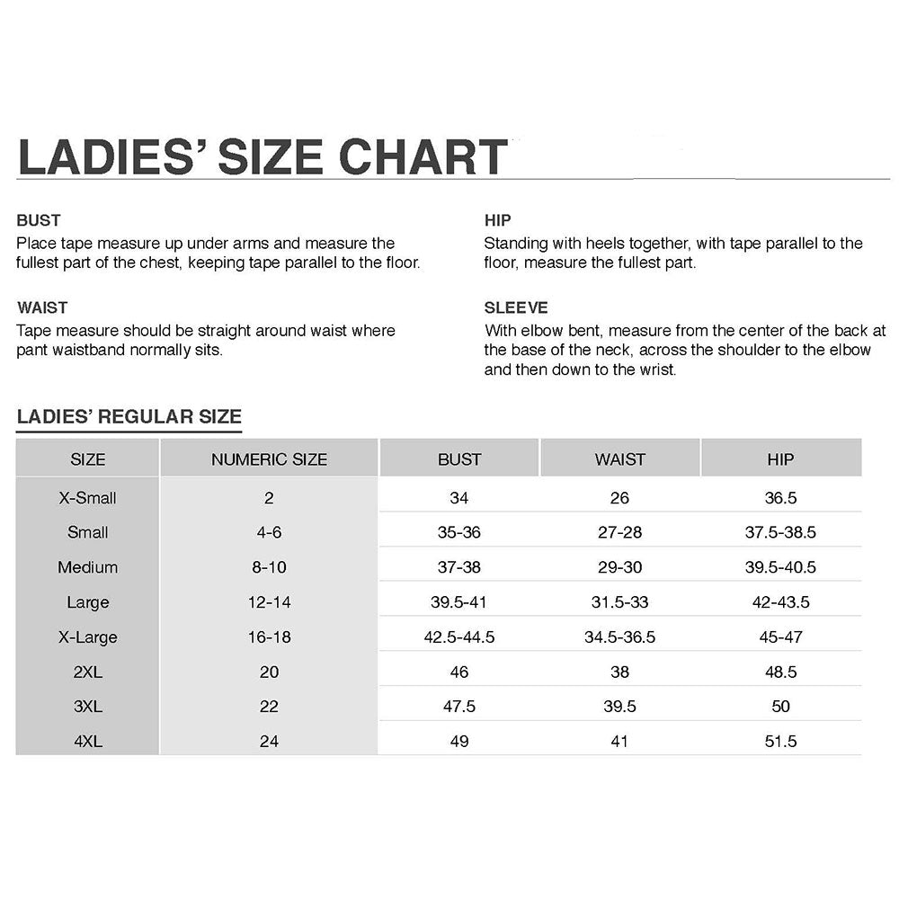 Size chart for the C2 Corvette Emblem Ladies Core Virtue Polo