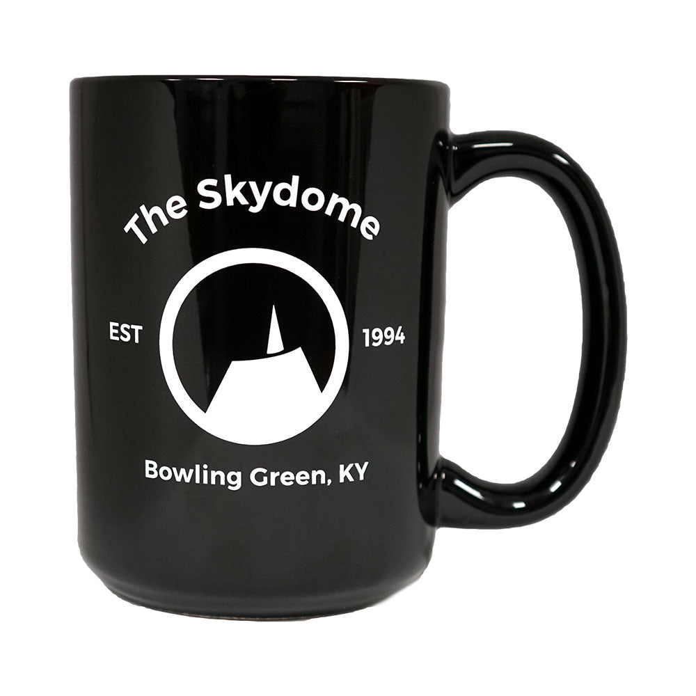 A glossy black ceramic mug with a white printed graphic reading 'The Skydome', 'EST 1994', and 'Bowling Green, KY', shown on a plain white background.