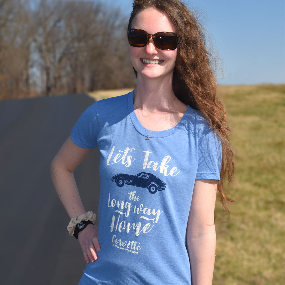 Woman wearing the Take the Long Way Home Ladies Blue Top