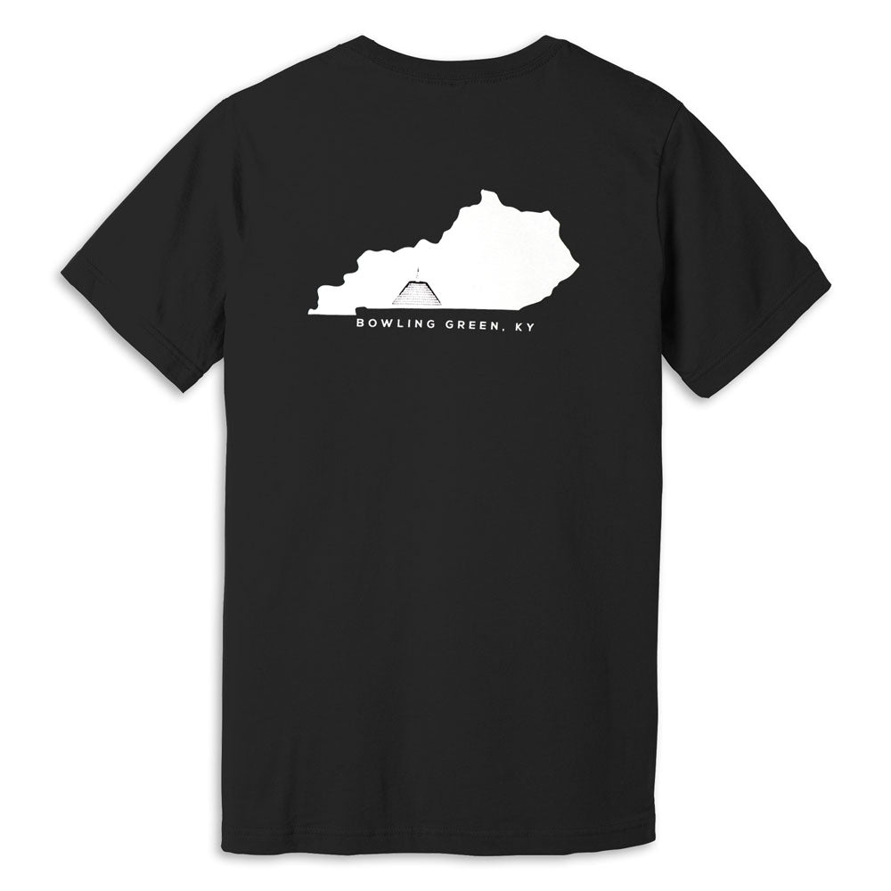 A black short-sleeve t-shirt with a white graphic of the Kentucky state outline and the text 'BOWLING GREEN, KY' printed on the chest, displayed against a solid white background.