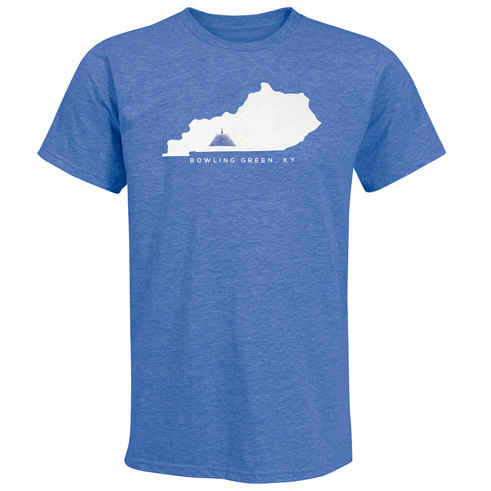 Blue t-shirt with white outline of Kentucky and 'Bowling Green, KY' text on a white background