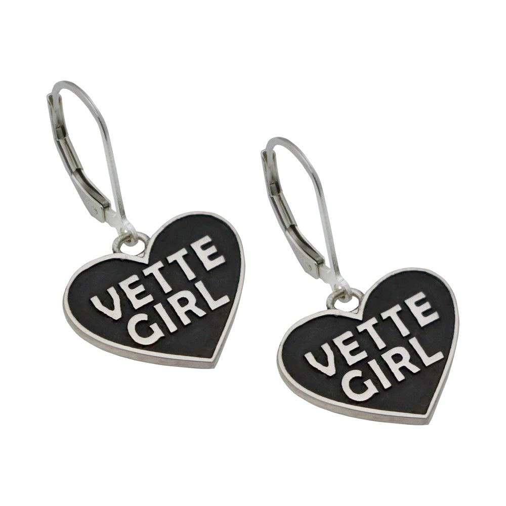 Leverback earrings with a dangle heart that says Vette Girl