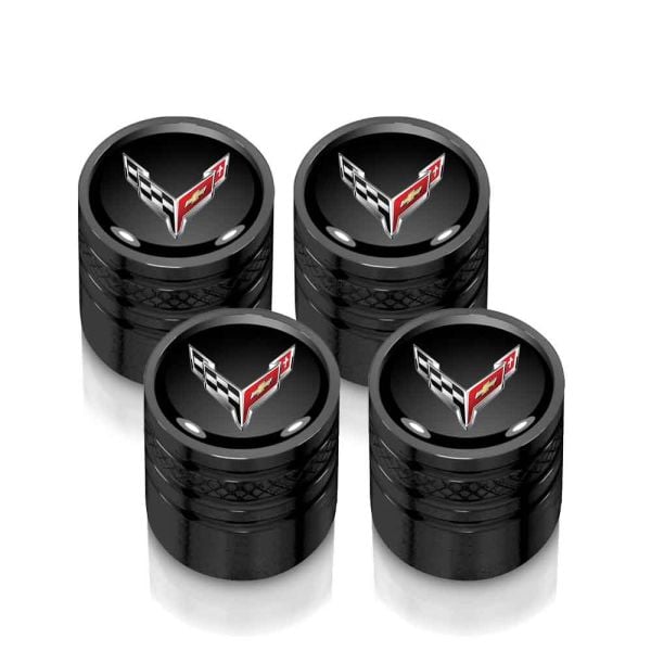 C8 Corvette Emblem Black Tire Valve Stem Caps Set