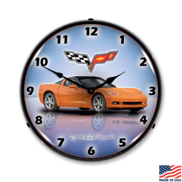 C6 Inferno Orange Corvette LED Lighted Clock