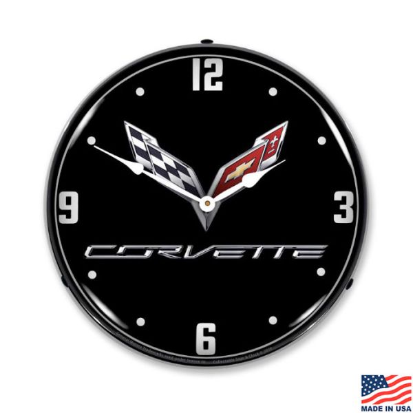 C7 Corvette Emblem LED Lighted Black Clock